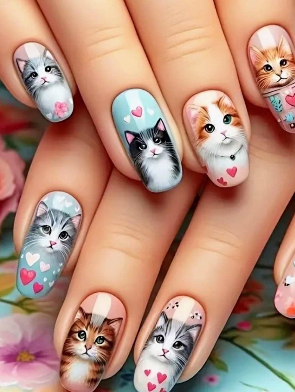 24PCS Cute Cat Press On Nails Kawaii Kitten Heart Nail Art Medium Length
